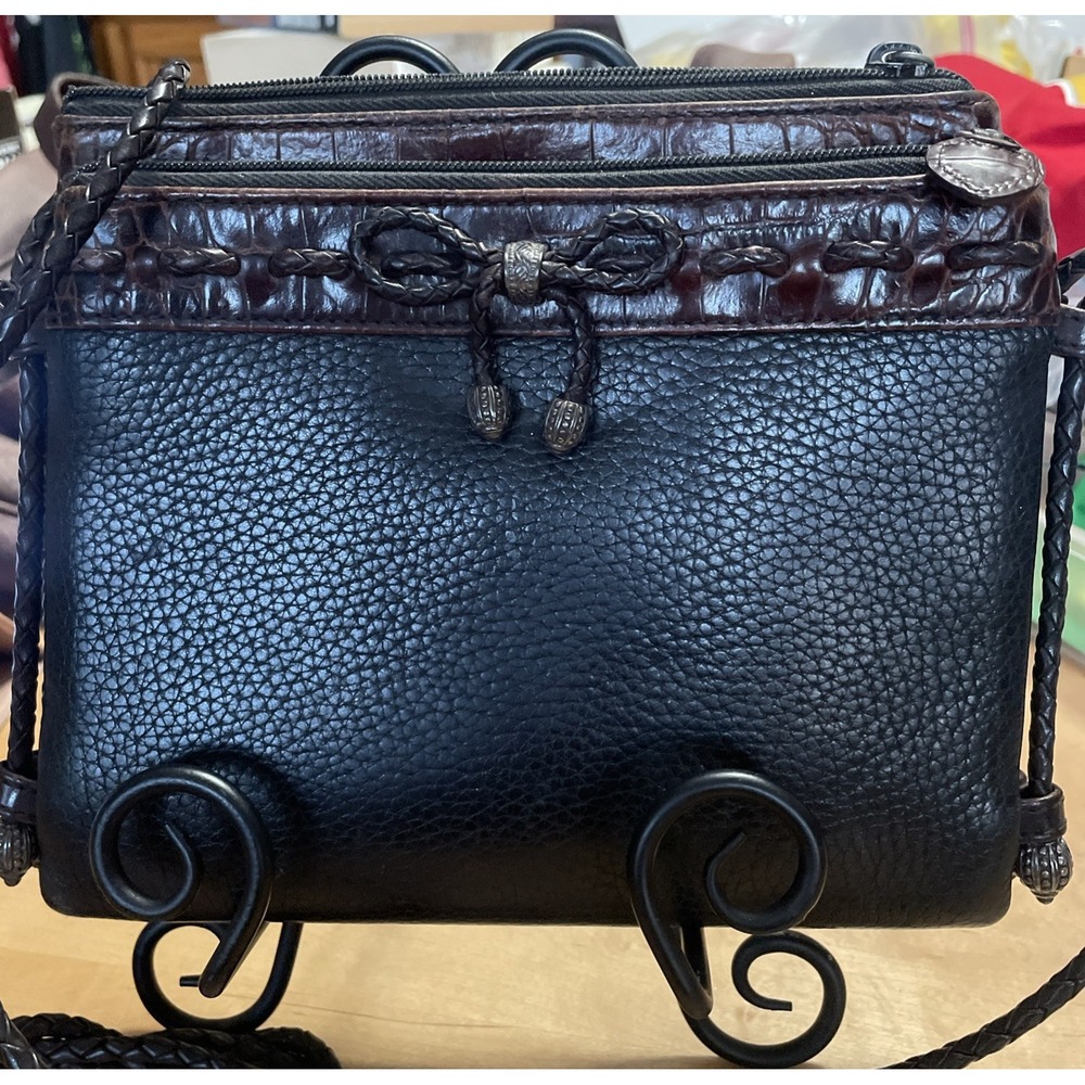 Brighton Shoulder Purse Crossbody Black Brown Leather Croc Embossed Trim Pebbled